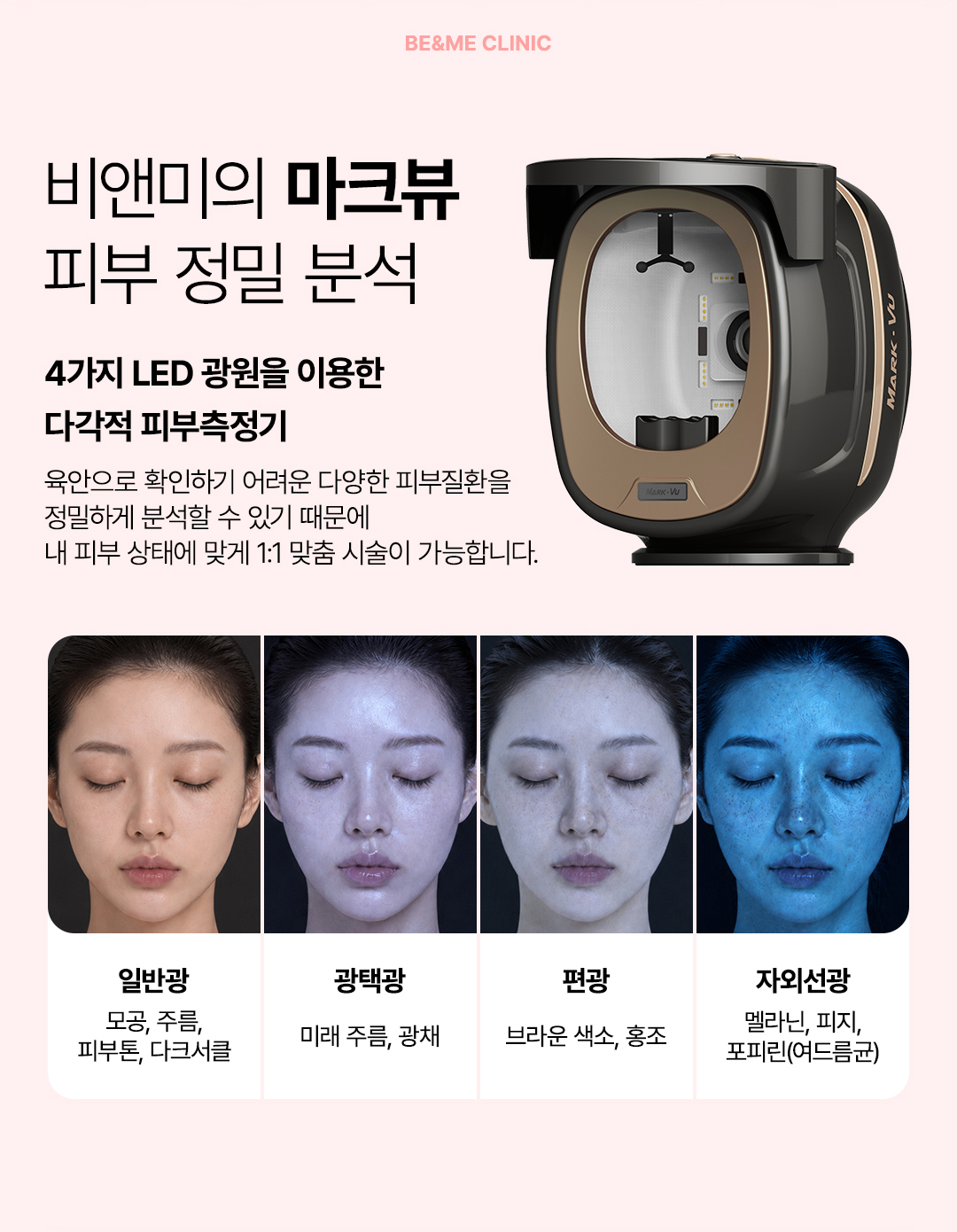 압구정 비앤미 마크뷰 피부 분석, 다양한 LED 광원으로 모공 주름 색소 홍조 피부 상태를 정밀 측정